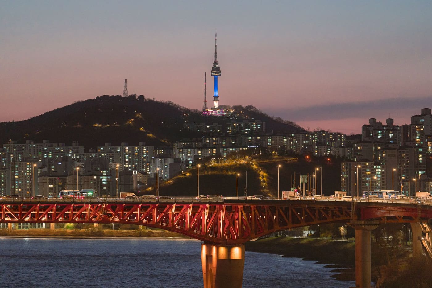 Seoul skyline and illuminated Namsan Tower at twilight